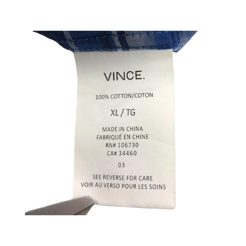 VINCE Mens Shirt XL Blue Plaid Button Front 100% Cotton Long Sleeve EUC